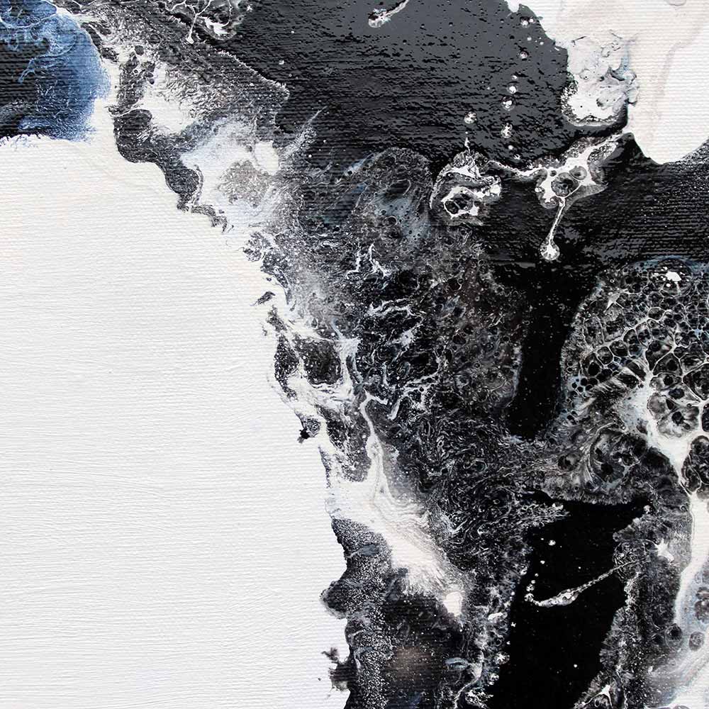 Orbital a close up detail image of abstract black, white, and grey fluid art painting with textured brushstrokes and marbled patterns by artist Andy Watt.