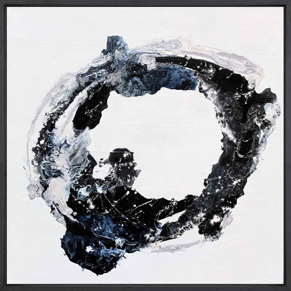 Abstract square painting Orbital featuring a textured black, white, and blue circular brushstroke design on a white canvas, framed in a thin black frame.