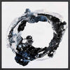 Abstract square painting Orbital featuring a textured black, white, and blue circular brushstroke design on a white canvas, framed in a thin black frame.