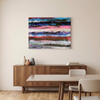 Pink Fathoms - A large abstract canvas painting with horizontal bands of blue, purple, pink, red, black, and white, displayed on a beige wall above a wooden sideboard in a modern dining room setting.