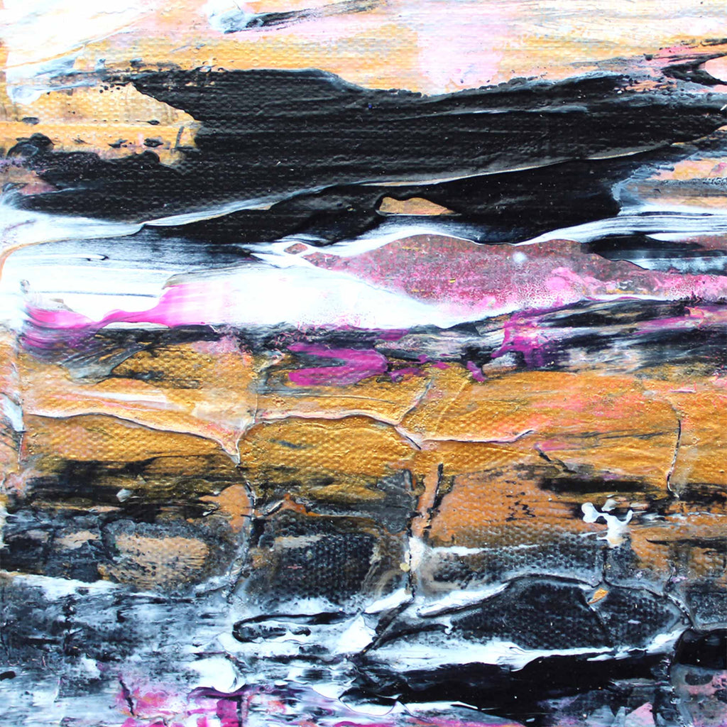 Abstract canvas wave painting with thick textured brushstrokes in black, metallic gold, pink, white, and grey.