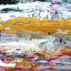 Detailed image of abstract textured wave painting with thick impasto brushstrokes in white, grey, black, metallic gold and pink.