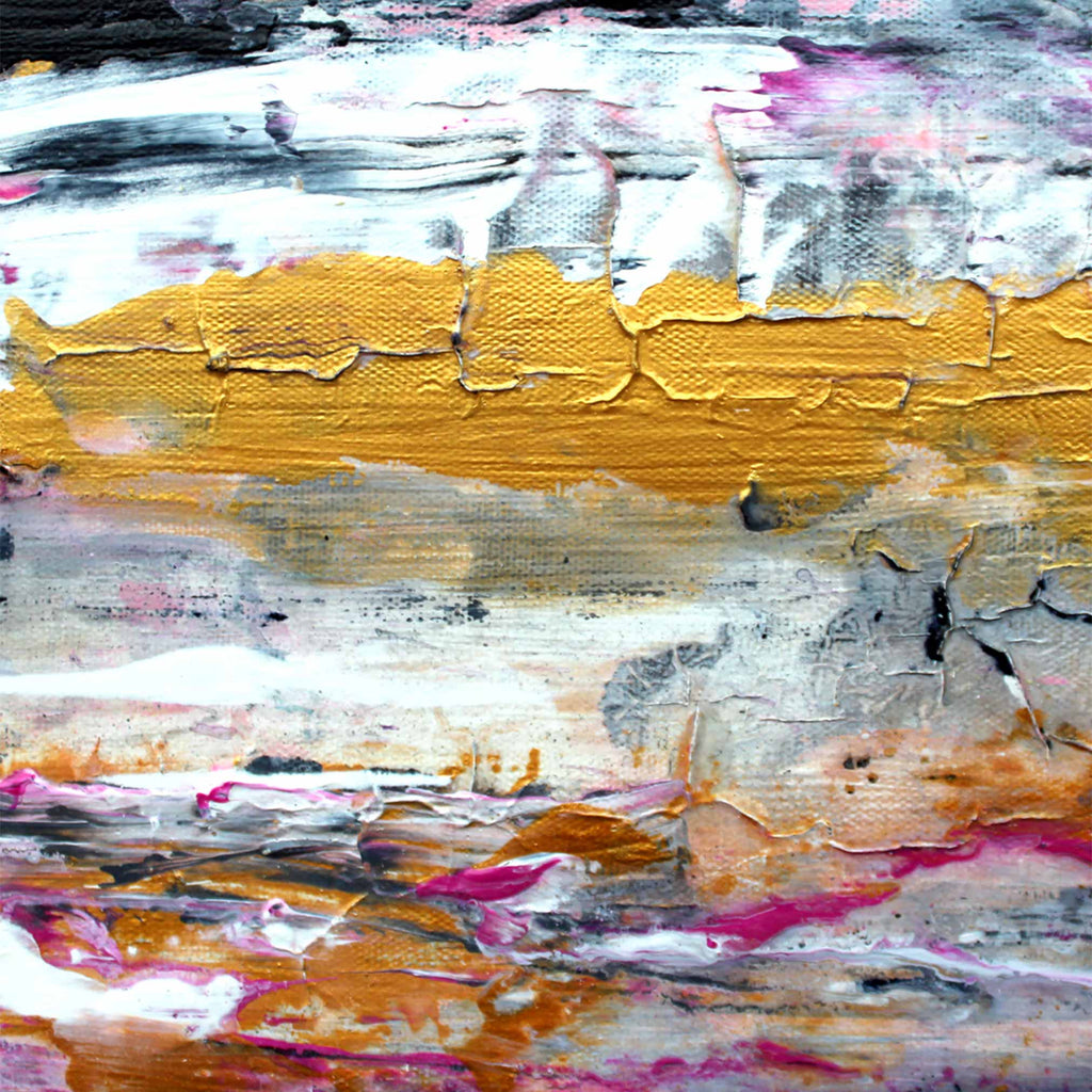 Detailed image of abstract textured wave painting with thick impasto brushstrokes in white, grey, black, metallic gold and pink.