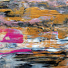 Detailed image of abstract painting by British artist Andy Watt the image shows thick blending brush strokes in white, grey, black, metallic gold and pink