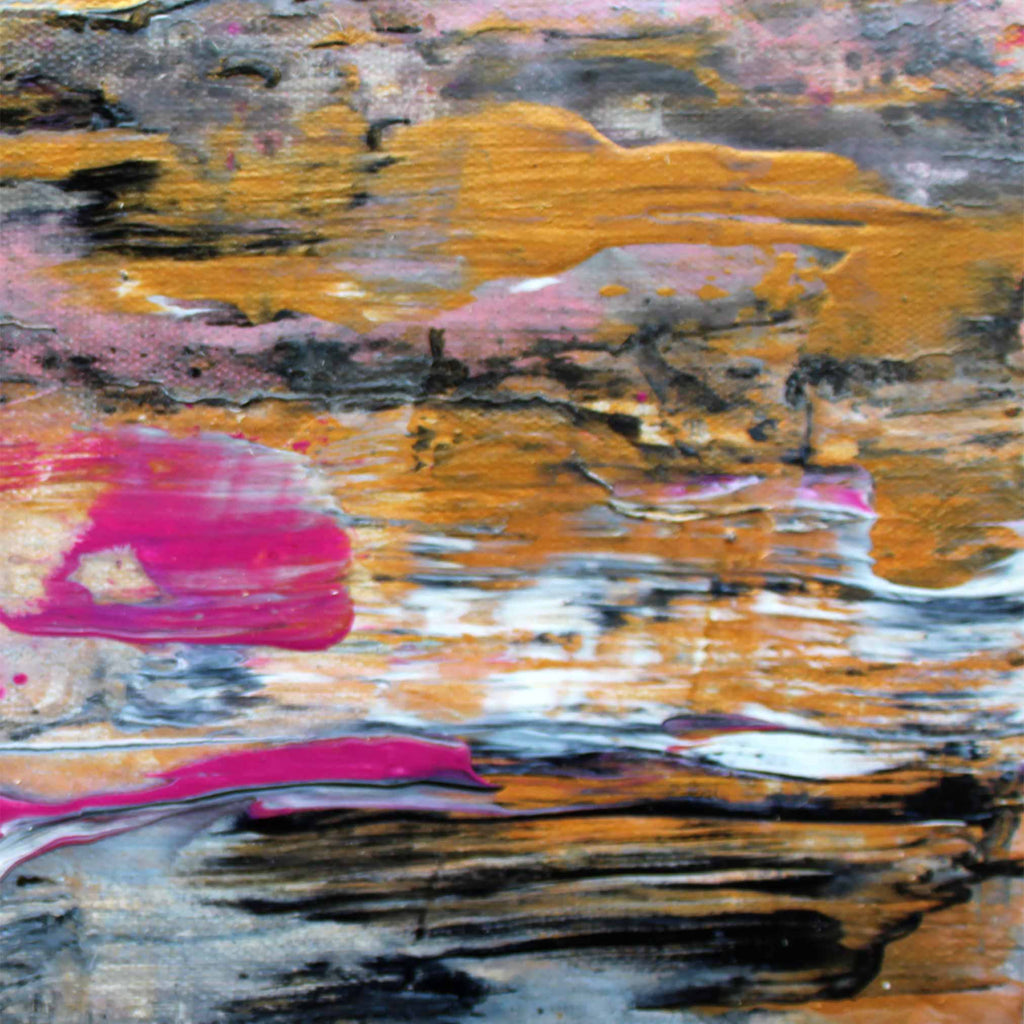 Detailed image of abstract painting by British artist Andy Watt the image shows thick blending brush strokes in white, grey, black, metallic gold and pink