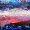 Detail of abstract landscape painting with textured brushstrokes in vibrant blue, pink, purple, white, and dark green tones.