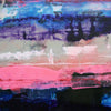 Close up detail of abstract canvas painting with layered horizontal brushstrokes in blue, purple, pink, black, and off-white tones.