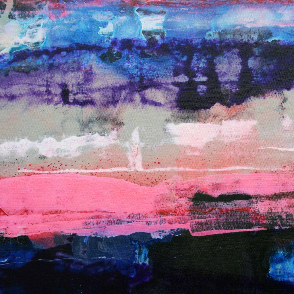 Close up detail of abstract canvas painting with layered horizontal brushstrokes in blue, purple, pink, black, and off-white tones.