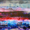 Detailed image of abstract landscape painting with layered horizontal bands of blue, pink, red, brown, and grey, resembling a coastal or atmospheric scene.
