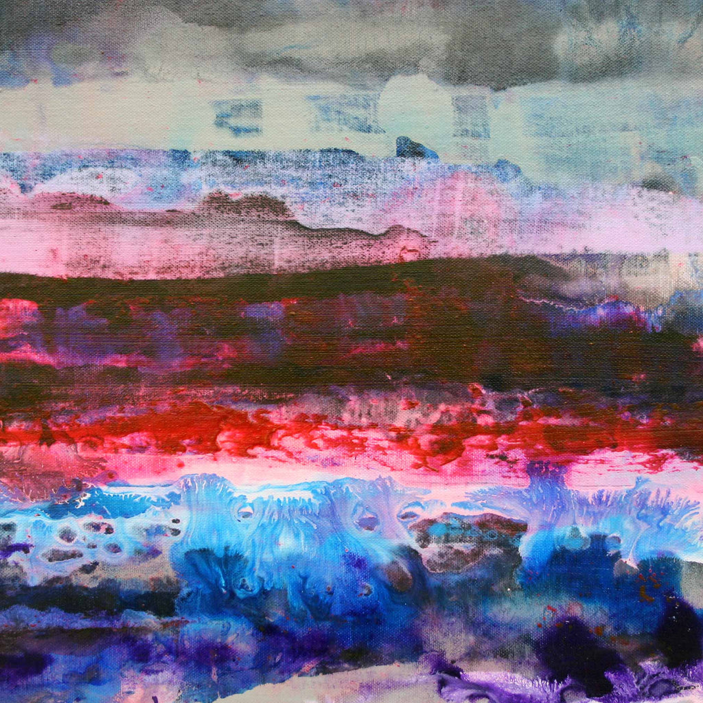 Detailed image of abstract landscape painting with layered horizontal bands of blue, pink, red, brown, and grey, resembling a coastal or atmospheric scene.