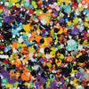 Rainbow Showers - A close up detail of vibrant abstract splatter painting filled with dense, multi coloured paint droplets and splashes on a dark background.