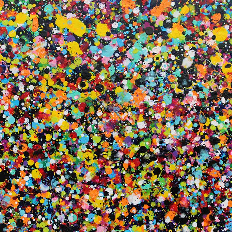 Rainbow Showers - A vibrant abstract paint splatter pattern featuring a dense, multi-coloured array of splashes and dots on a black background.