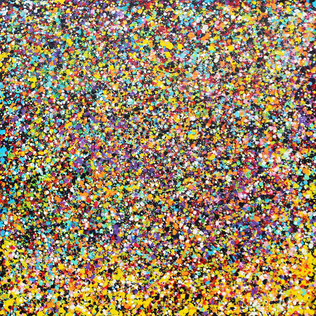 A dense, multi coloured abstract pattern painting rainbow showers. made of many small painted dots and textured speckles in yellow, orange, red, blue, purple, pink, green, black, and white, filling the entire frame.