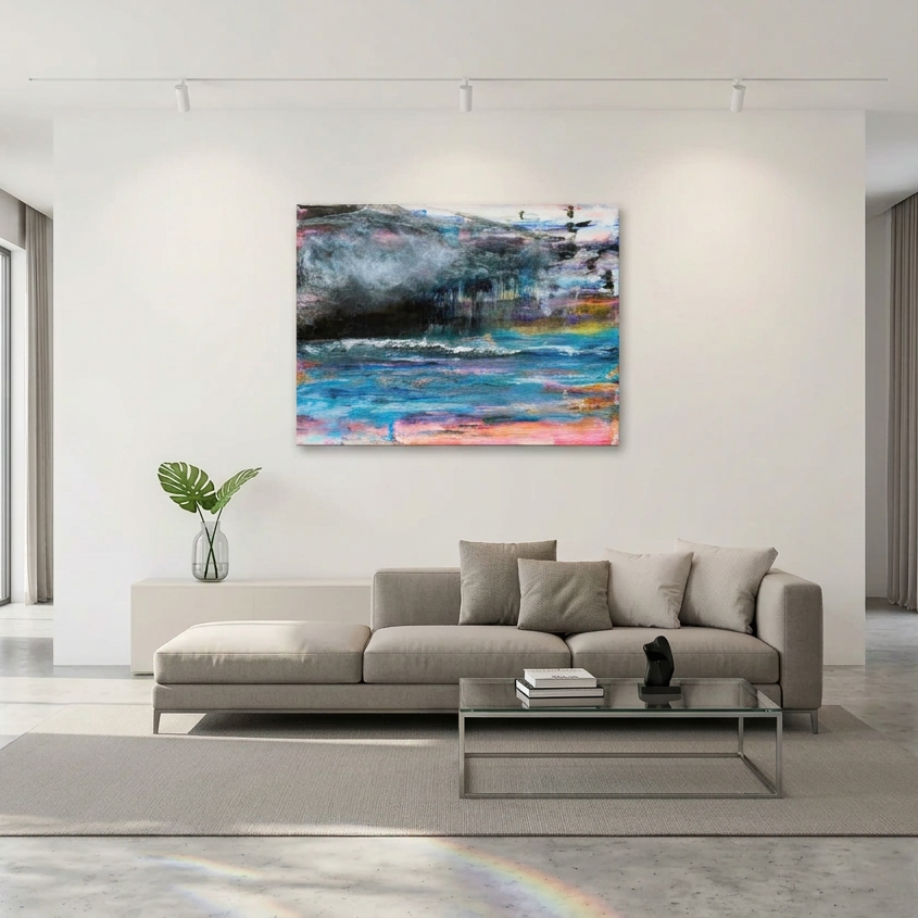 An abstract canvas wall art original painted artwork of a storm over the sea with blue, black, grey, white, and pink tones, displayed in a modern living room setting above a beige sectional sofa.