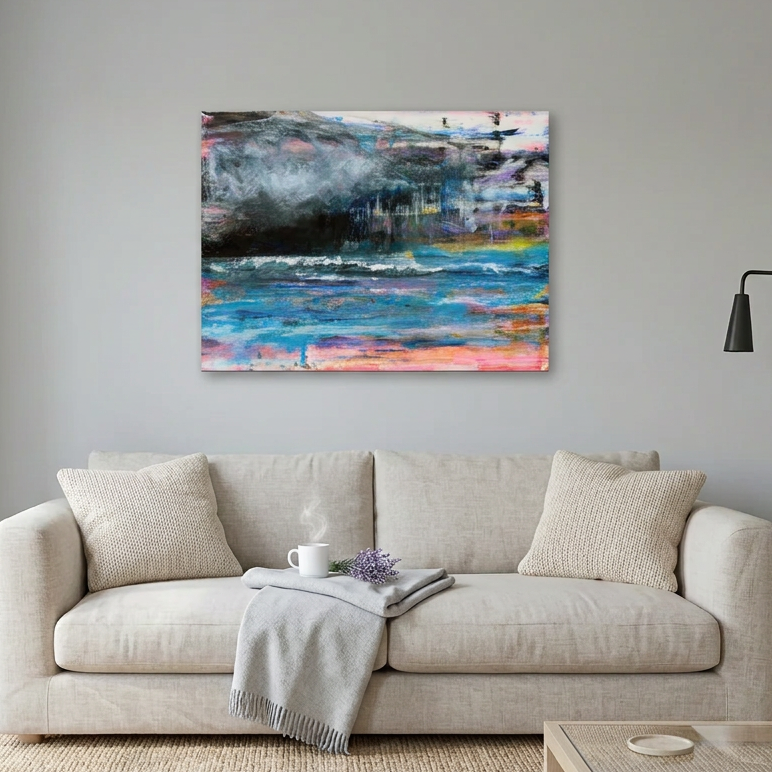 An abstract canvas wall art painting of a storm at sea in an abstract style with blue, pink, black, and white brushstrokes, displayed in a modern minimal living room setting above a beige sofa.