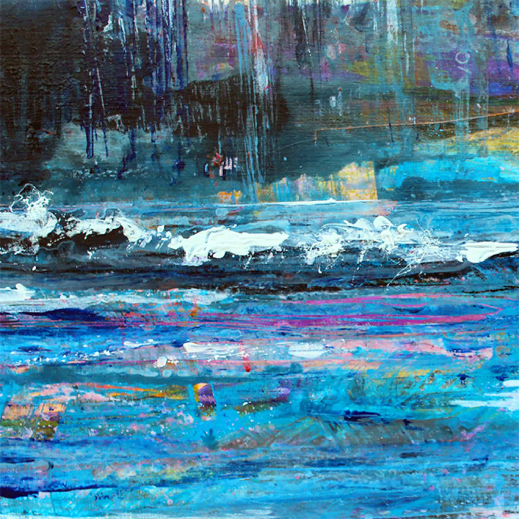 An abstract painting depicting a stormy seascape with textured brushstrokes in vibrant blue, white, black, and purple, representing waves and a dark, moody sky.