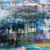 An abstract expressionist painting featuring a textured, layered composition of blue, black, gray, purple, white, and touches of yellow and teal, with vertical paint drips and gestural brushstrokes.