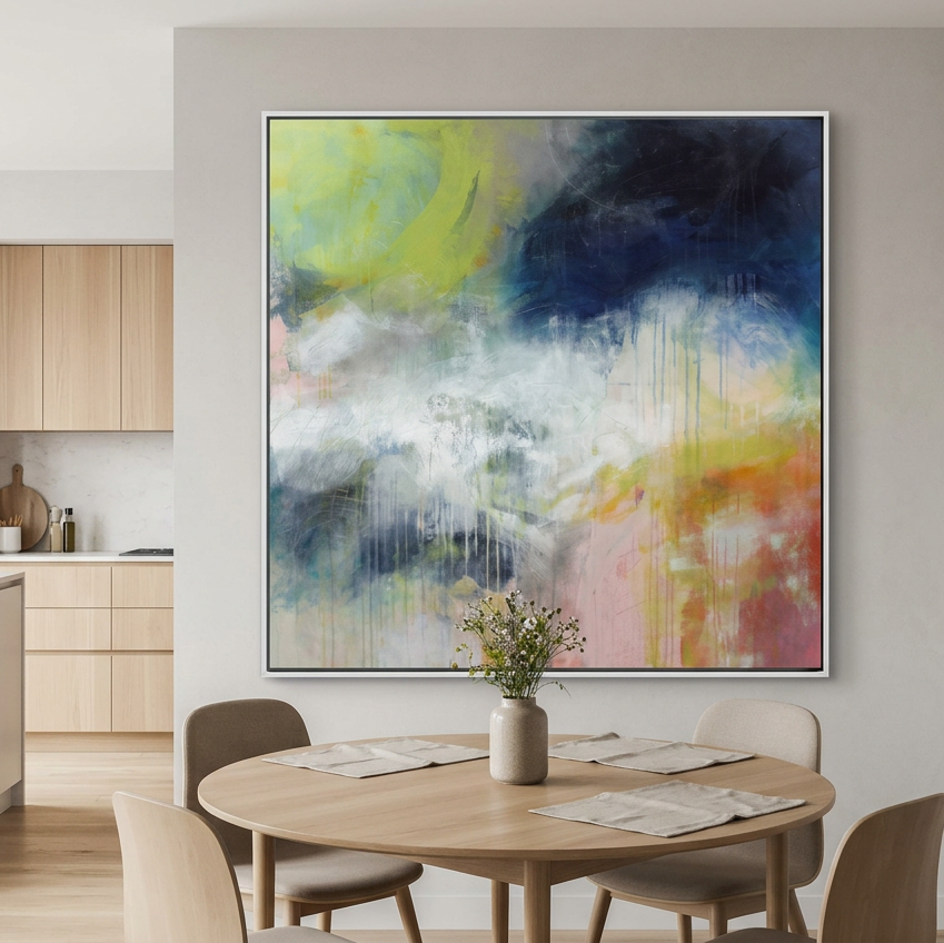 Summer Showers - A large square abstract wall art painting hangs above a round wooden dining table in a bright, modern kitchen and dining room. The artwork features a colourful abstract composition with navy, green, yellow, pink, and white brushstrokes.