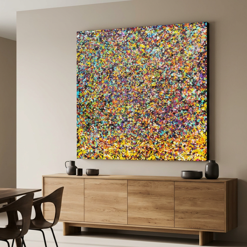 Summer Showers  is a large square abstract canvas painting featuring a dense, colourful confetti-like pattern in yellow, blue, red, green, and orange, displayed on a beige wall above a wooden credenza in a modern dining room setting.