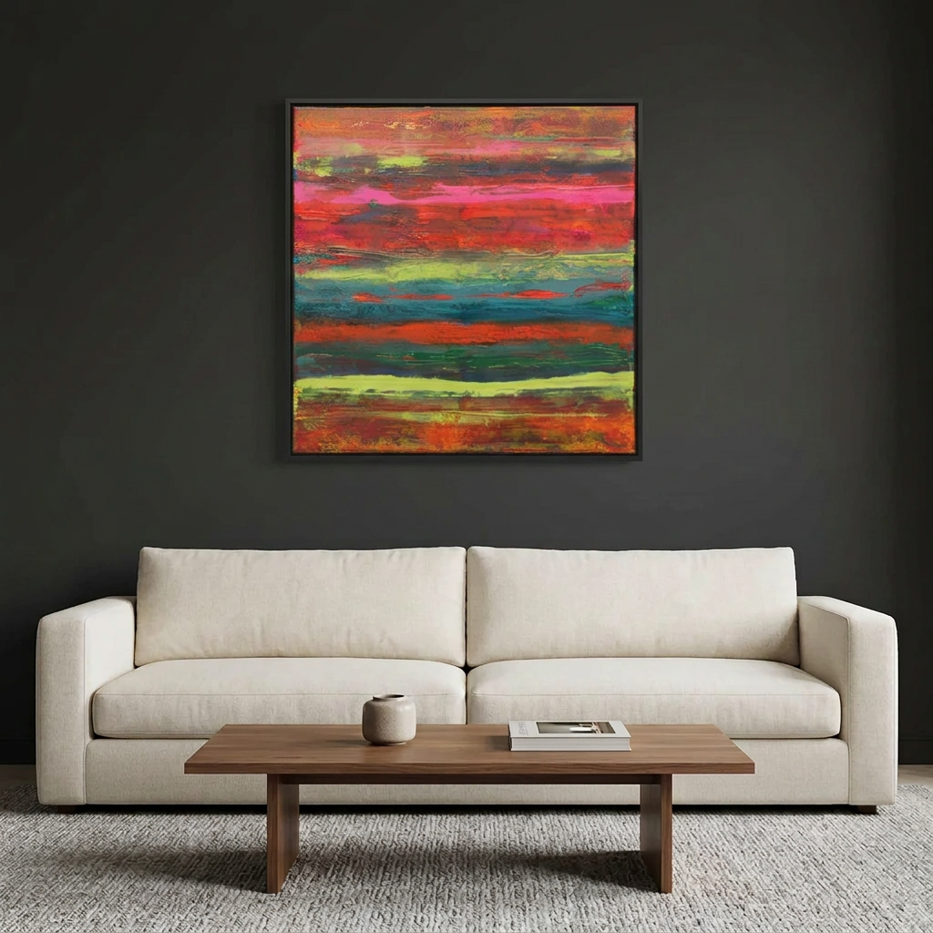 Tulum -A framed abstract canvas painting with vibrant horizontal brushstrokes of red, pink, orange, green, and yellow, hanging on a dark charcoal wall above a modern off-white sofa and a wooden coffee table.