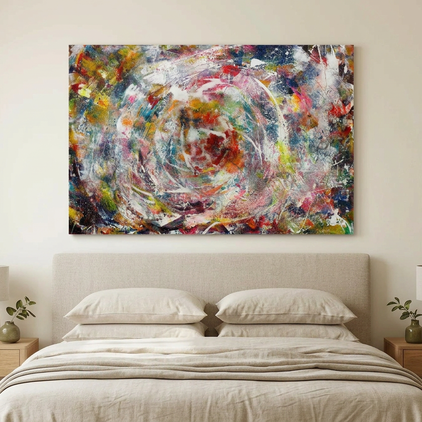 Turbulence - A large rectangular abstract canvas painting with swirling multi-colored brushstrokes hangs above a neatly made bed in a minimalist bedroom setting.