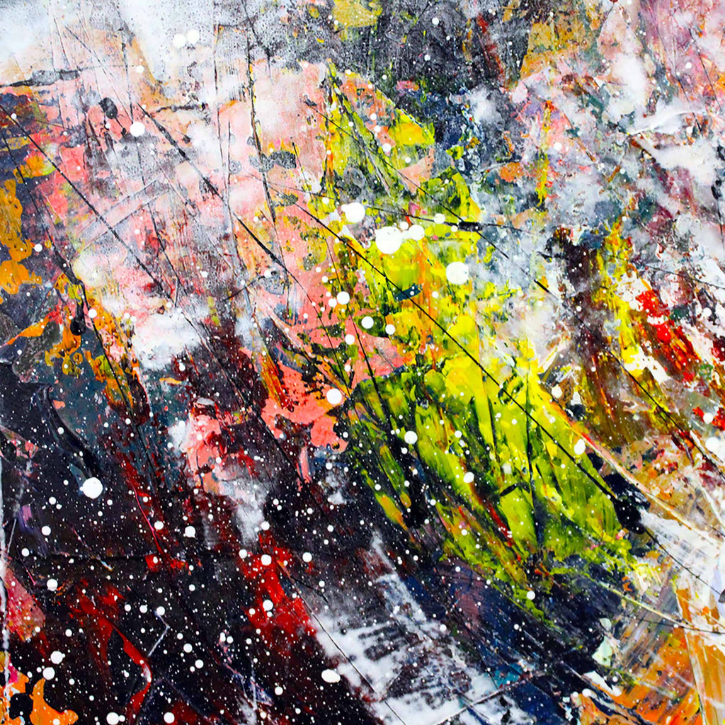 Abstract canvas painting with expressive scraped marks and brushstrokes in black, white, yellow, green, red, orange, and pink.
with a wash and splatters of white over the colour.