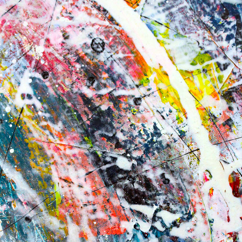 Close up detail of contemporary painting turbulence by British artist Andrew Watt  painted in pink, orange, blue, and yellow. with a distressed over wash in white.