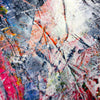 Close up detail of abstract textured painting called turbulence by artist Andy Watt showing layered splatters, drips, and gestural brushstrokes in pink, orange, blue, and green. with a over wash in white.