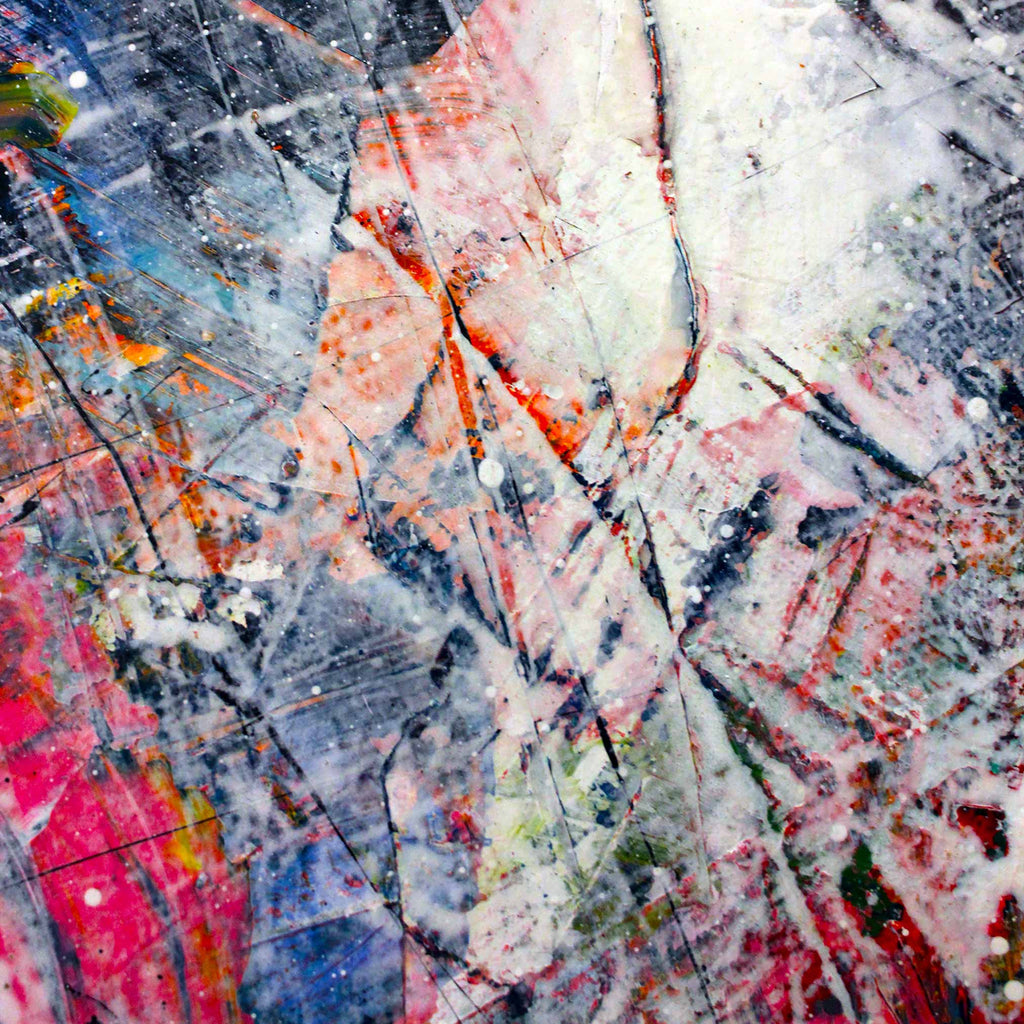 Close up detail of abstract textured painting called turbulence by artist Andy Watt showing layered splatters, drips, and gestural brushstrokes in pink, orange, blue, and green. with a over wash in white.