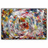 An abstract canvas painting featuring a dynamic, swirling composition with expressive paint strokes in white, red, blue, yellow, green, and black, presented on a clean white background.