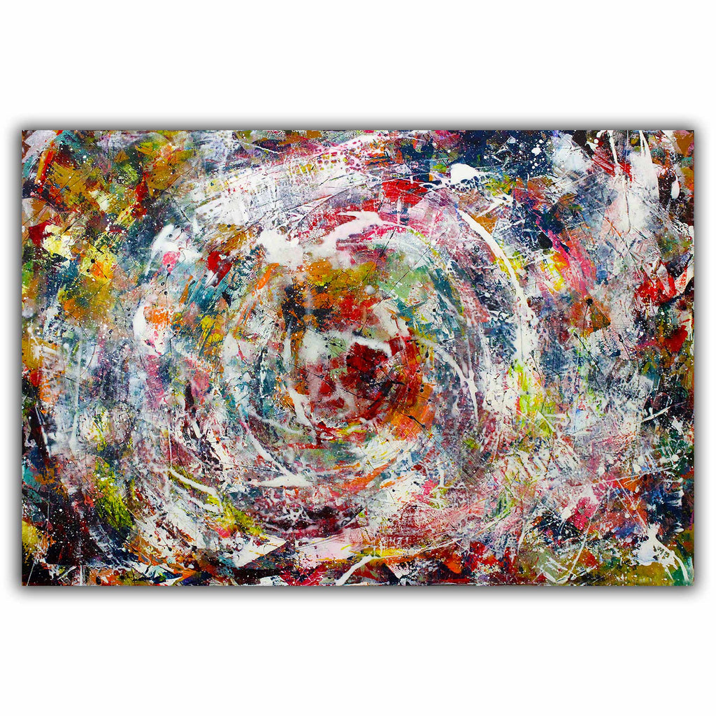 An abstract canvas painting featuring a dynamic, swirling composition with expressive paint strokes in white, red, blue, yellow, green, and black, presented on a clean white background.