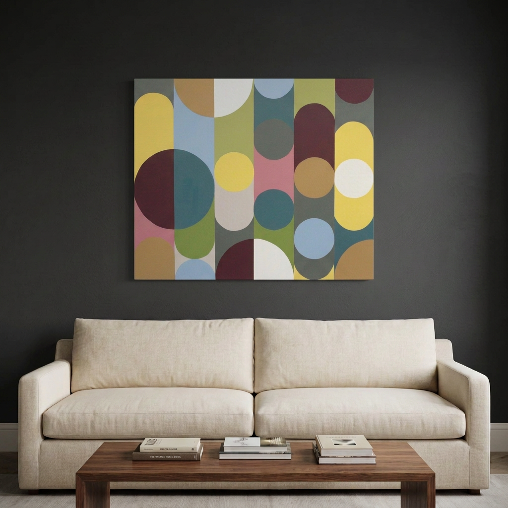 Geo Pop Lines No 13 A modern living room setting featuring a canvas wall art painting with an abstract mid-century geometric design of overlapping vertical and circular shapes in muted yellow, teal, olive green, burgundy, and cream. The canvas is mounted on a dark charcoal wall above a light beige fabric sofa with a wooden coffee table in front.
