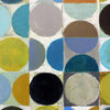 Abstract geometric painting featuring a grid of painted circles and squares in muted blue, teal, yellow, gray, brown, black, and off-white tones.