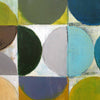 Abstract geometric painting featuring overlapping semi-circles and arcs in muted blue, olive green, yellow, gray, teal, and brown on a white grid background.