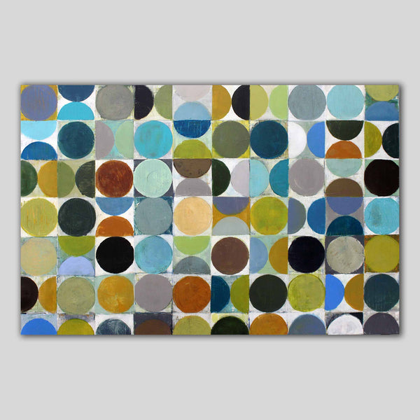 An abstract geometric canvas print featuring a grid of painted circles in various colors including blue, green, yellow, brown, black, and gray, displayed against a solid light gray background.