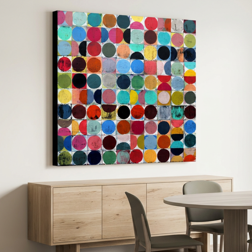 Vintage Spheres No 10 in a modern dining room setting - A square canvas wall art painting featuring a colourful grid of painted circles, displayed in a modern dining room setting above a light wood sideboard and dining table.