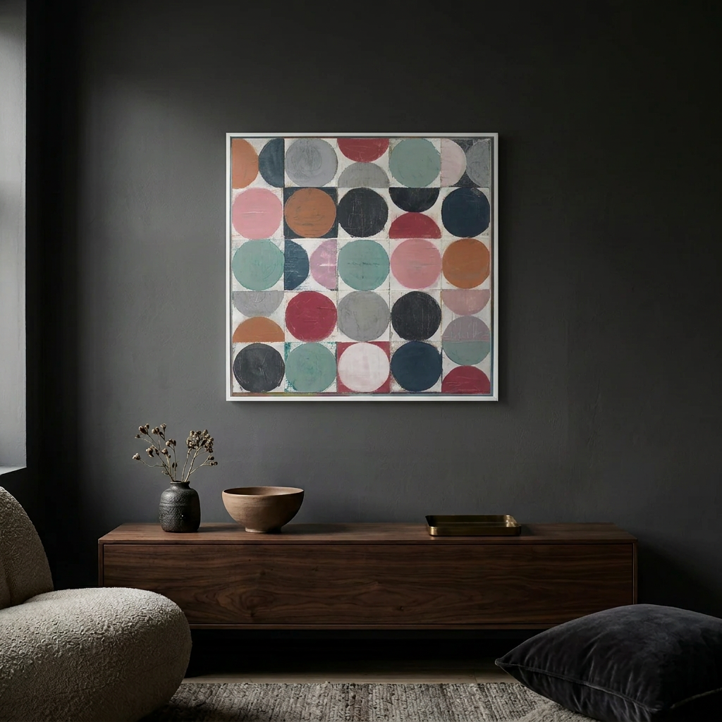 Vintage Spheres No 3 - A square framed wall art painting featuring a grid of painted circles in muted pink, teal, navy, red, grey, and orange tones, displayed above a dark wood console in a modern room setting.