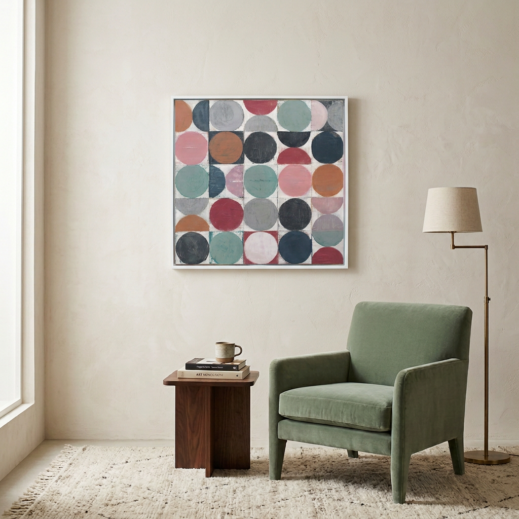 A large square framed wall art painting with an abstract pattern of colourful circles and semicircles hangs above a green armchair in a styled living room setting.