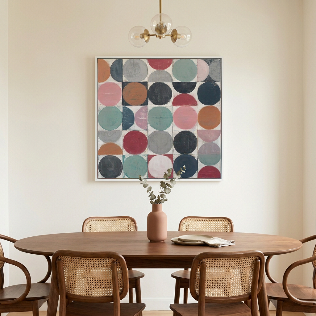 Vintage Spheres No 3 - A large square abstract wall art painting with colourful circles hangs above a wooden dining table and woven-back chairs in a softly lit dining room.