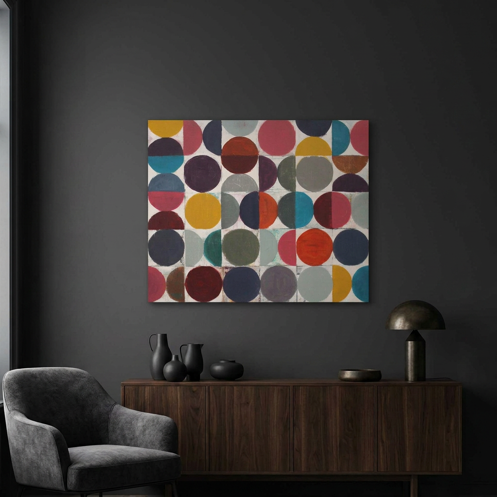 Vintage Spheres No 5 - A large square canvas wall art painting featuring a grid of colourful abstract circles in red, yellow, blue, teal, grey, and purple, displayed on a dark grey wall above a wooden console table with a chair and lamp.