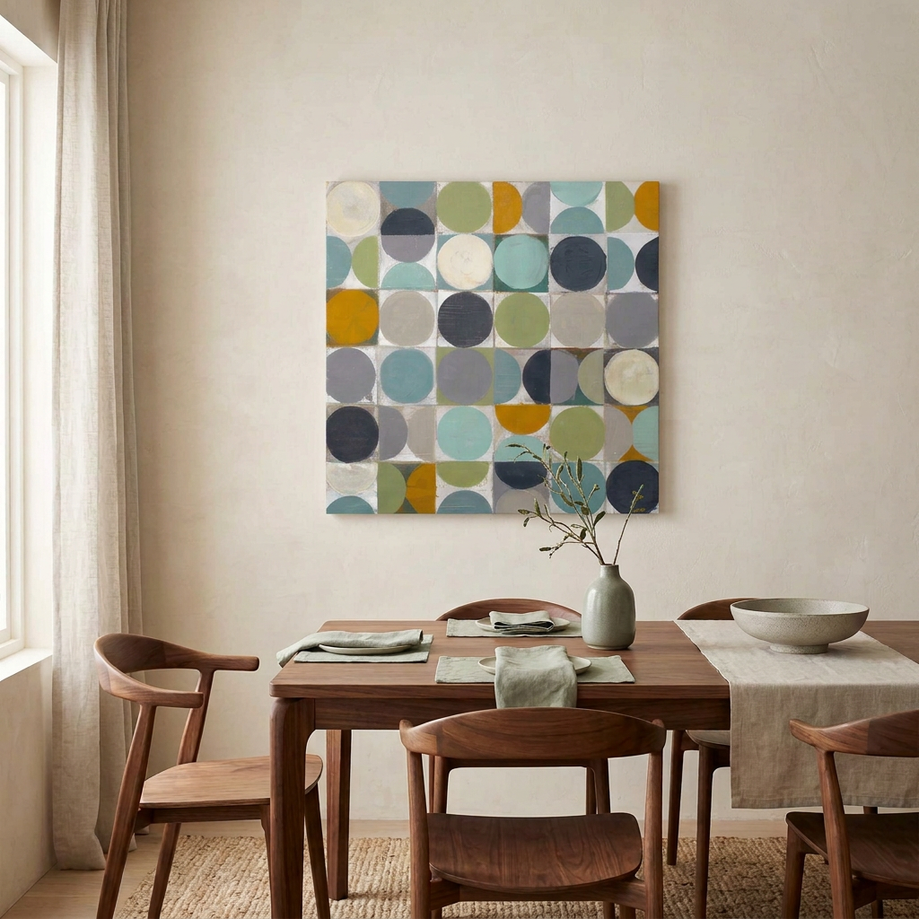 Vintage Spheres No 7 - A large square canvas wall art painting featuring a modern geometric pattern of overlapping circles in muted teal, navy, olive green, mustard yellow, and grey, displayed on a beige wall above a wooden dining table with chairs.