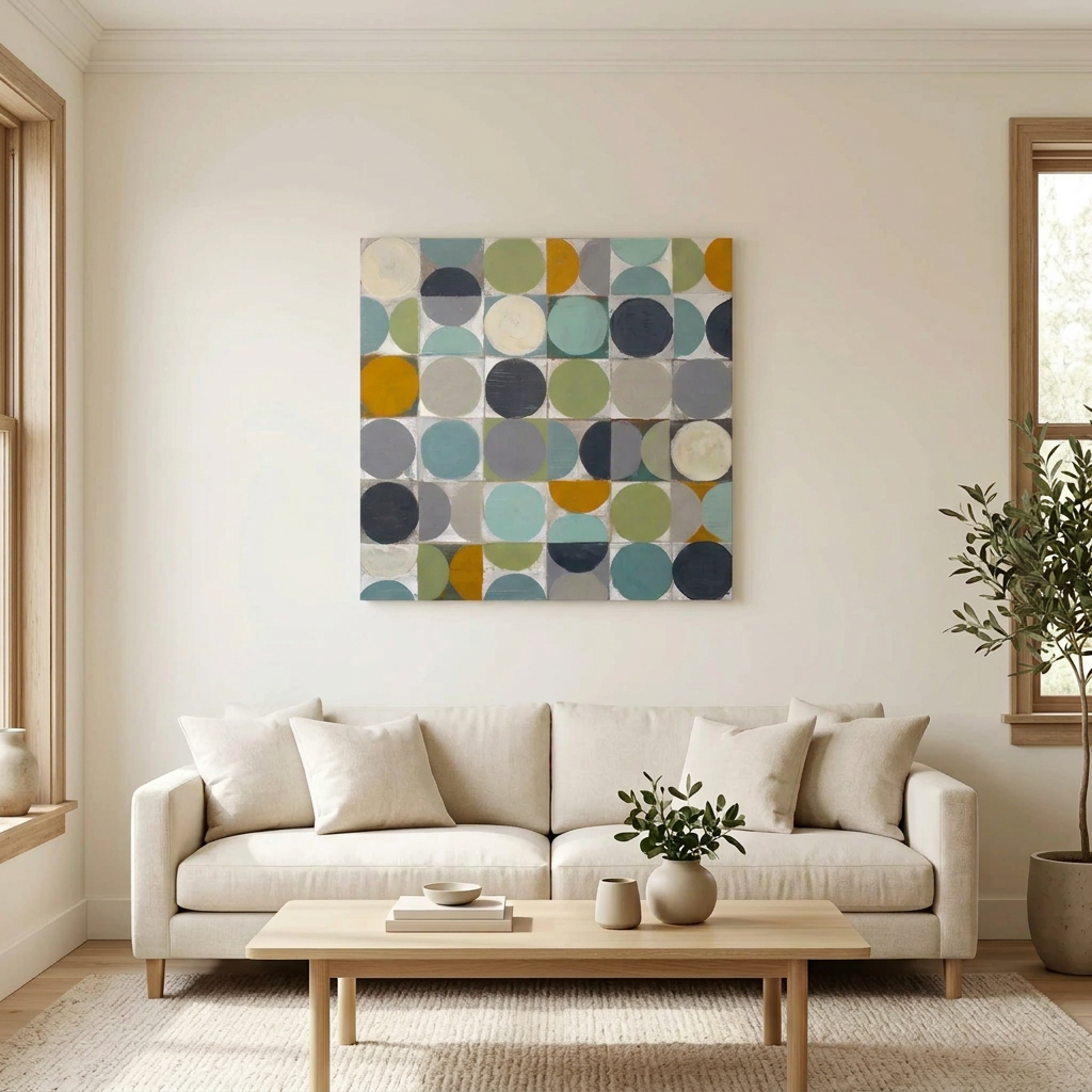 Vintage Spheres No 7 - A large square canvas wall art painting featuring a modern geometric pattern of overlapping circles in muted teal, navy, olive green, mustard yellow, and cream, displayed above a light beige sofa in a bright, contemporary living room.