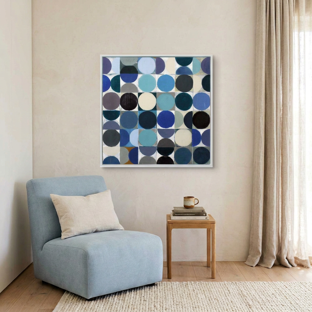 Vintage Spheres No 8 - A square framed abstract canvas painting featuring a grid of blue, teal, navy, black, and cream circles, displayed on a beige wall in a styled living room setting with a light blue armchair and a small wooden side table.