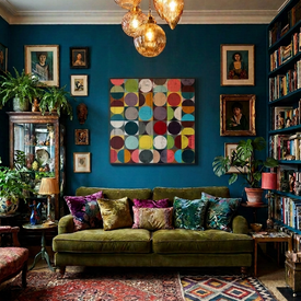 A cozy, bohemian-style living room featuring a green velvet sofa with colorful patterned throw pillows, set against a deep teal wall with a large, vibrant multicolor geometric art print. The room is styled with bookshelves, potted plants, a glass cabinet, and hanging pendant lights.