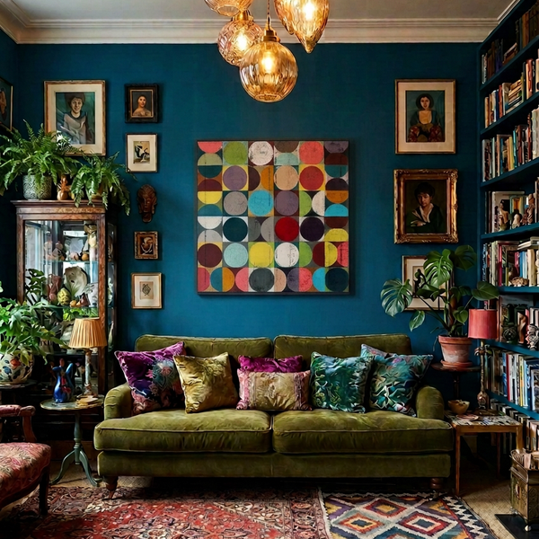Vintage Spheres 13 - A vibrant multi colour geometric art framed painting hanging on a deep teal coloured wall In a cozy, bohemian-style living room, featuring a green velvet sofa with colourful patterned throw pillows, with a large, styled bookshelves, potted plants, a glass cabinet, and hanging pendant lights.