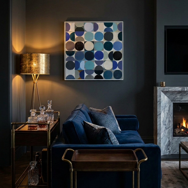 An abstract geometric blue square canvas painting featuring vintage style circles and in various tones of blue, teal, navy, black, grey, and cream, enclosed in a white wood frame in a dark room setting. hanging above a blue velvet sofa.