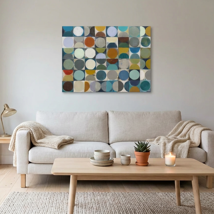 Vintage Spheres 1 - A abstract wall art painting with a grid of colourful circles in blue, teal, green, yellow, orange, and grey, hanging above a light beige sofa in a modern living room setting.
