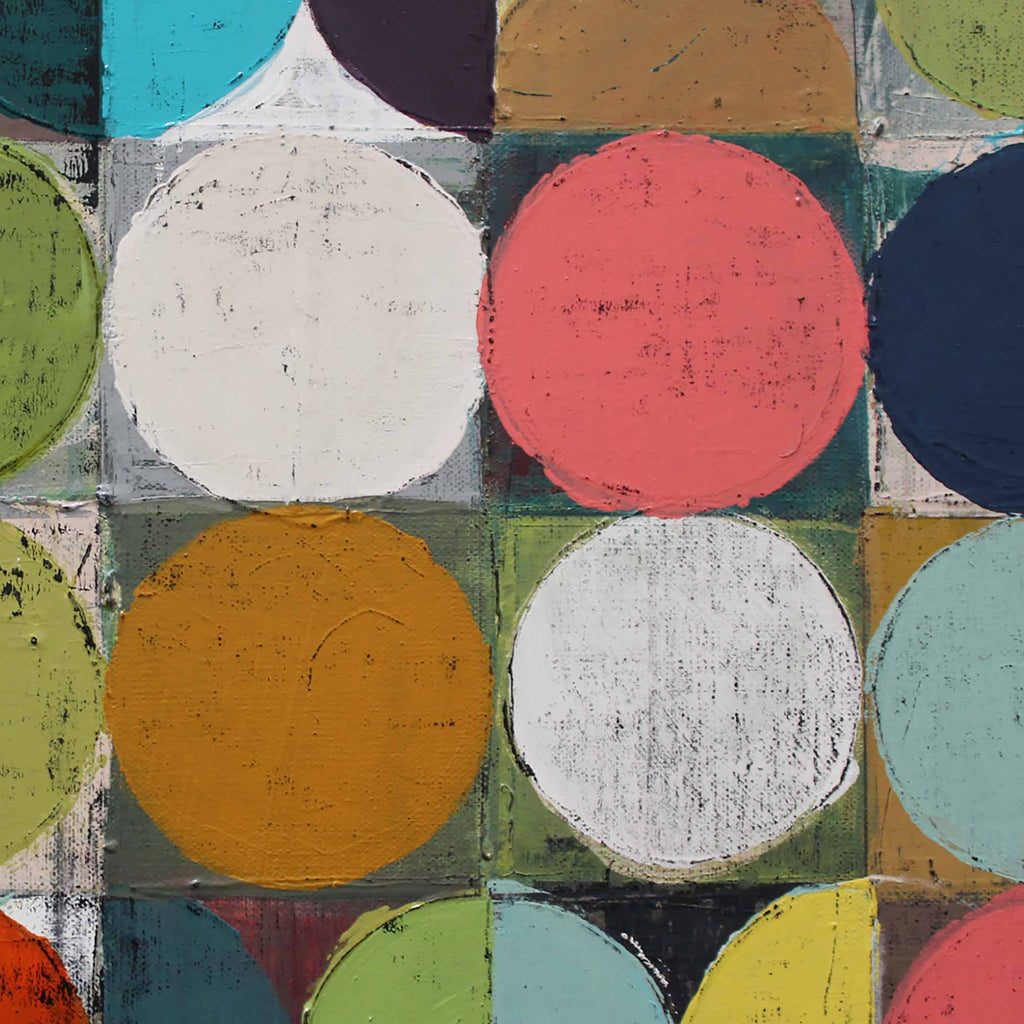 Abstract geometric art painting featuring textured painted circles in coral pink, cream, mustard yellow, green, navy, and teal on a grid background.