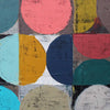 Abstract geometric painting featuring textured painted circles and half-circles in pink, yellow, blue, teal, red, beige, and gray on a grid background.