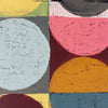 Abstract pop art inspired wall art painting featuring textured painted circles and squares in red, beige, yellow, turquoise, green, pink, black, and purple.